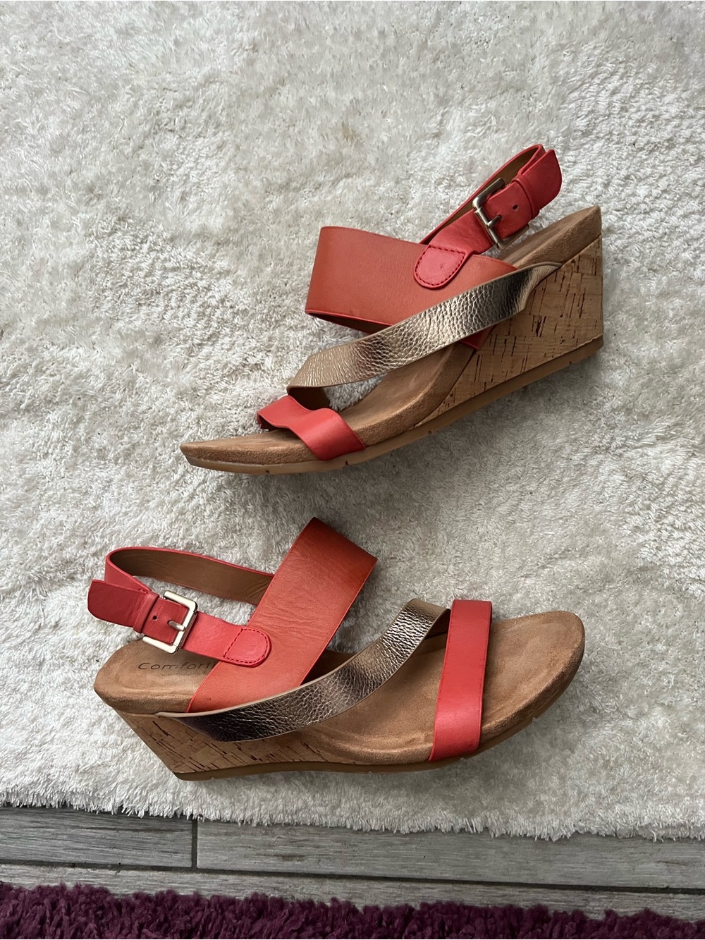 Comfortiva Coral and Metallic Gold Wedge Sandals